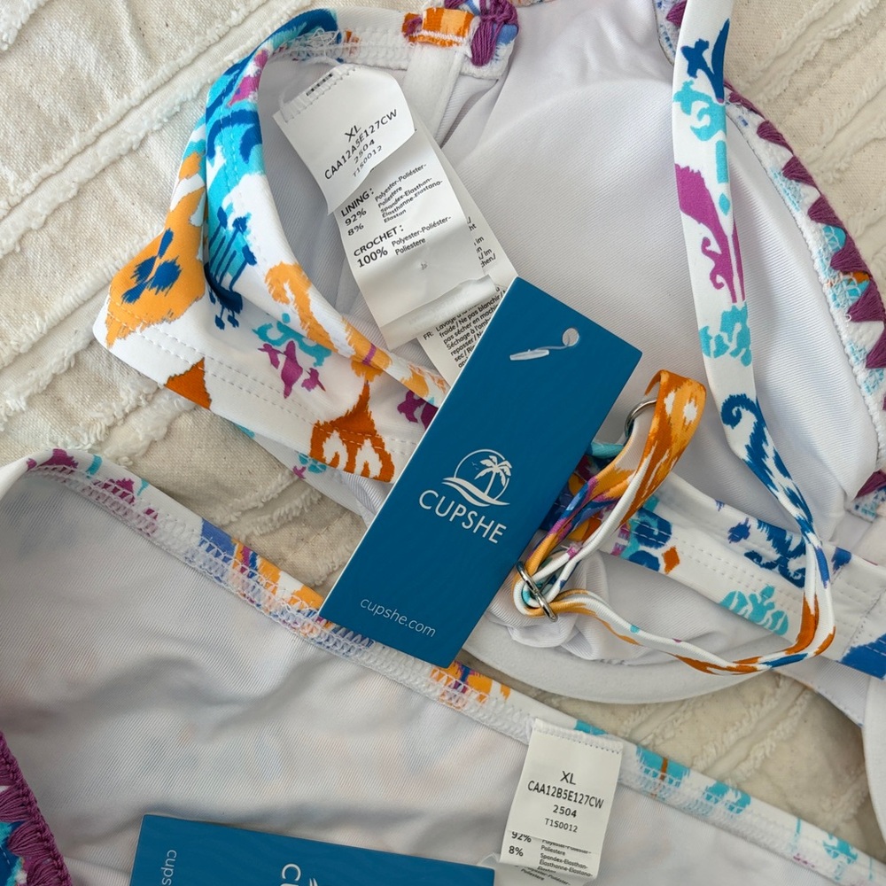 NWT White Multicolor Patterned Underwire Bikini Top and High Waist Bottoms - Picture 6 of 6